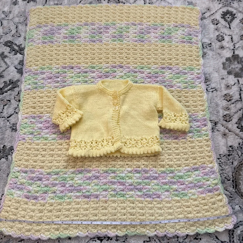 Vintage Handmade Crochet Baby Blanket & Sweater – Pastel 24 x 28 0-6m